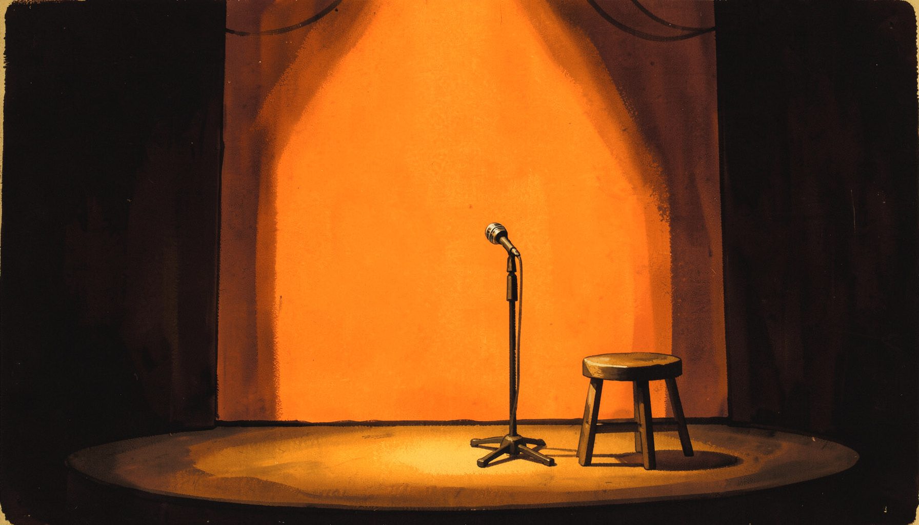 A warm, dimly lit stage with a single microphone on a stand, empty stool nearby, and soft amber and deep brown shadows filling the room.